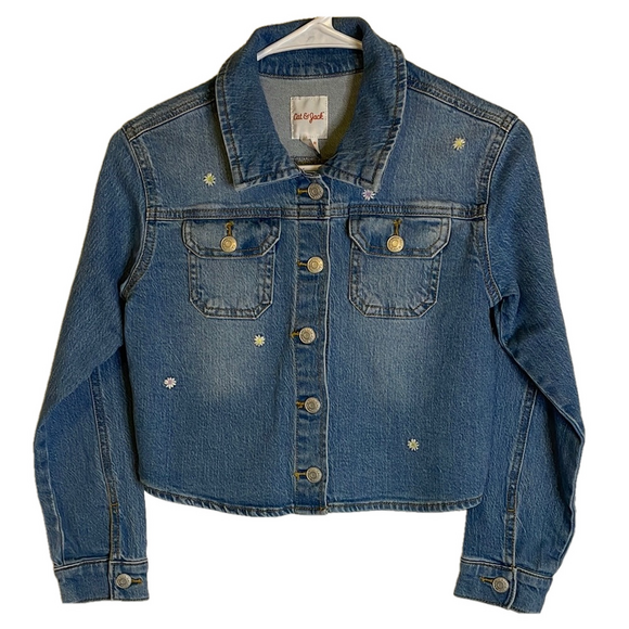 NWT CAT & JACK Medium Wash Girl’s Blue Denim Jacket with Embroidered Flowers - Picture 1 of 9